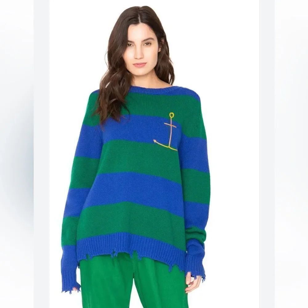 Sandrine Rose ANCHOR CASHMERE SWEATER - GREEN AND BLUE STRIPE New Small
